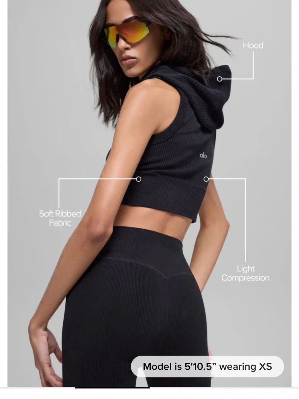 ALO Yoga black and grey Ribbed Crop Hoodie in Black